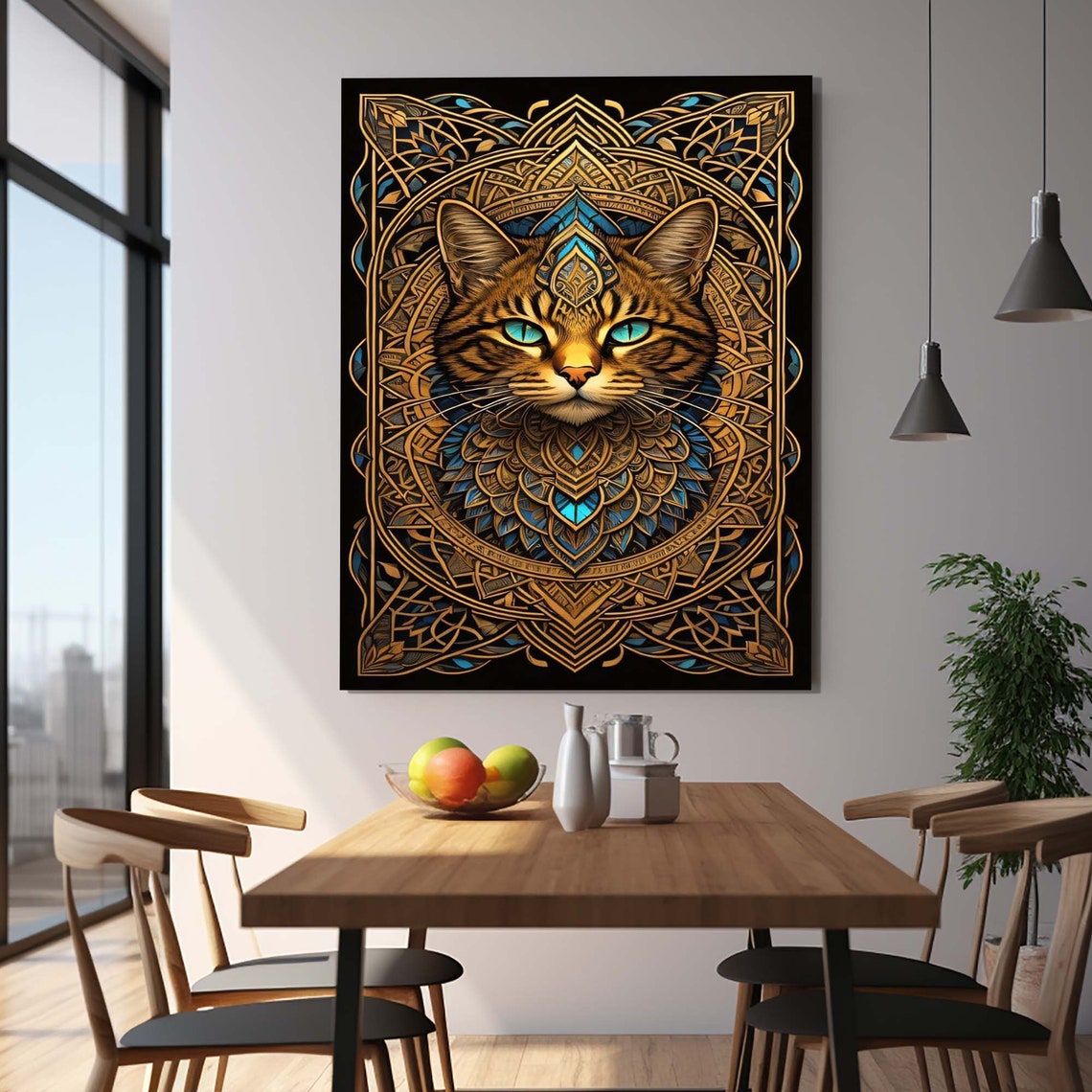 Golden Mandala Cat Face Teal Eyes on Black Background Wall Art