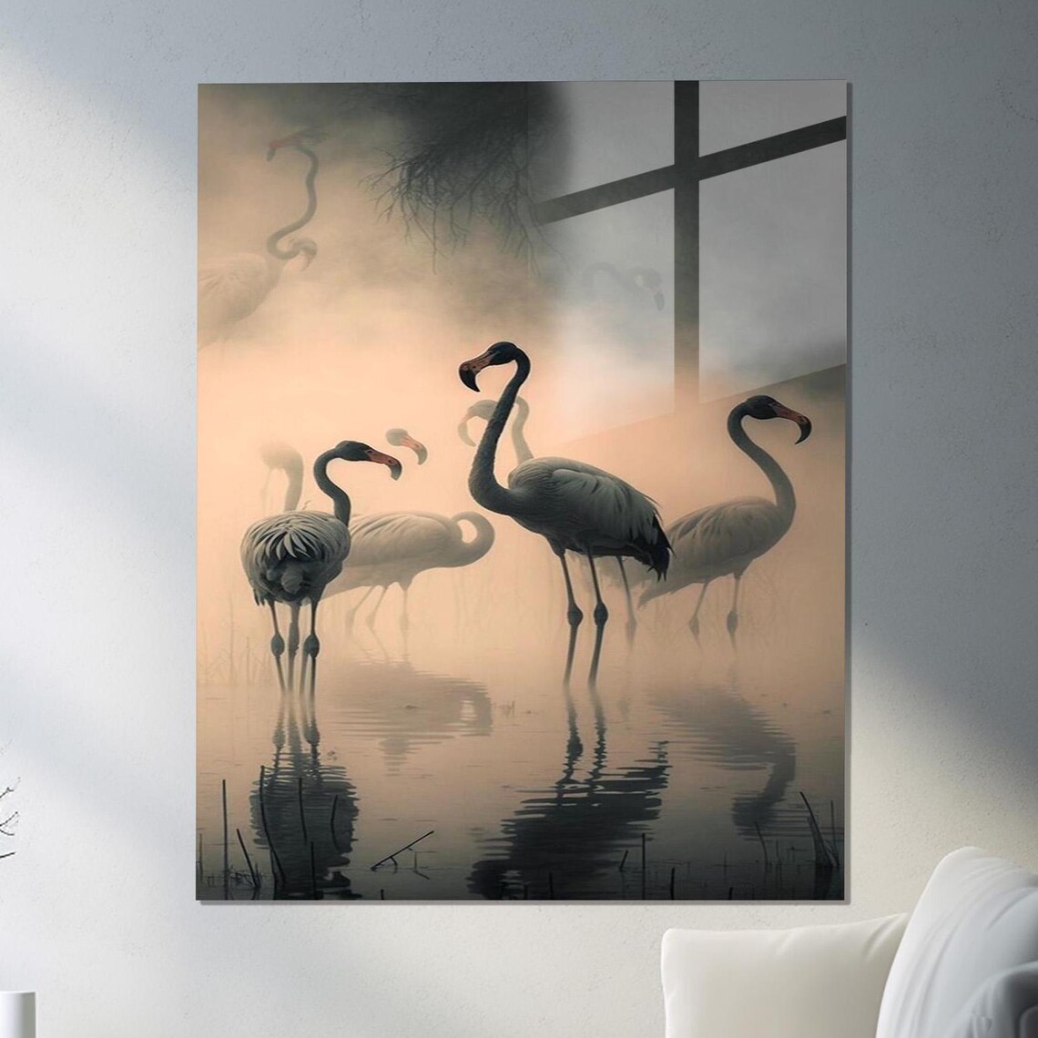 Flamingos In Misty Water At Dawn Serene Wildlife Gallery Poster