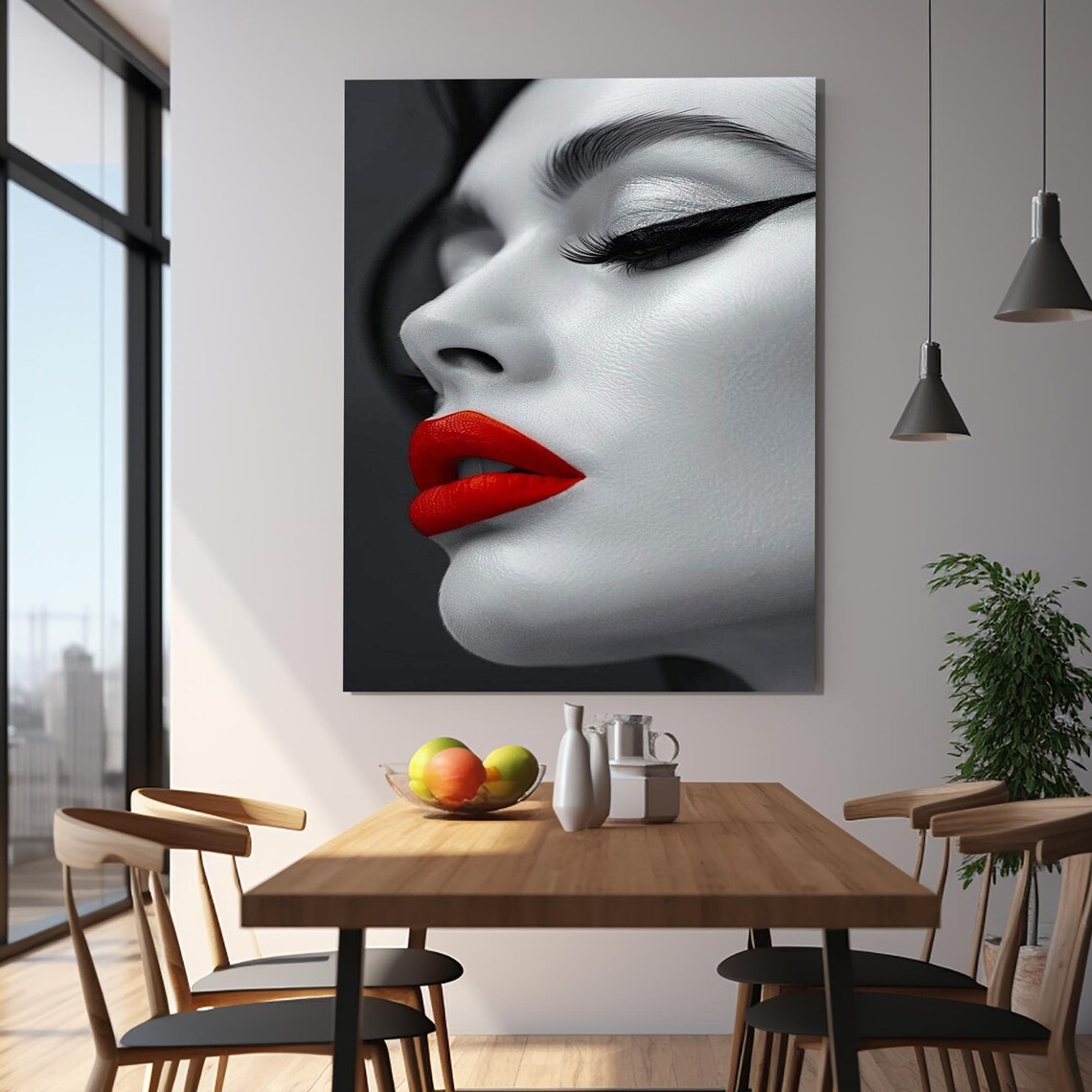 Woman Red Lips Profile Black White Beauty Portrait Art Poster - Image 2