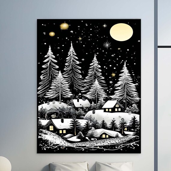 Snowy Village Under Starry Night Moonlit Winter Town Art Print
