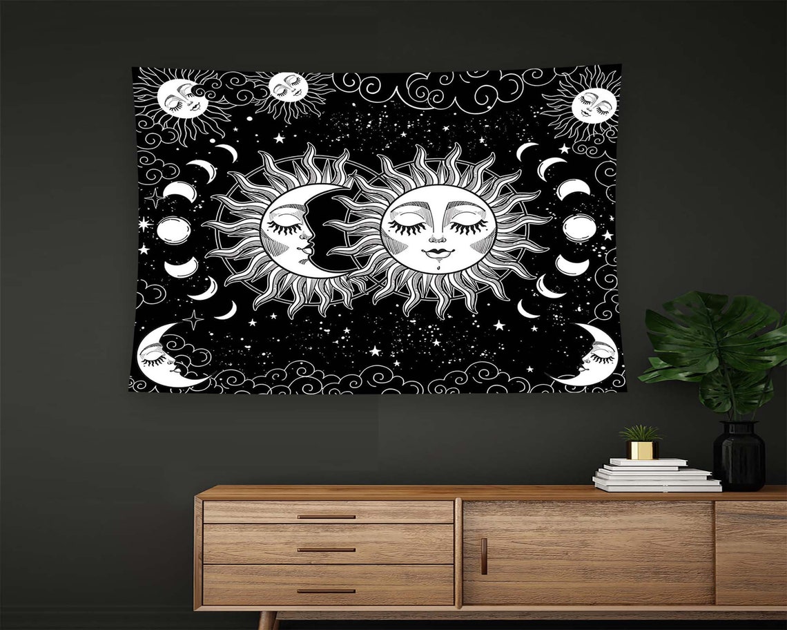 Black White Sun Moon Faces Celestial Phases Stars Tapestry Wall Art - Image 2