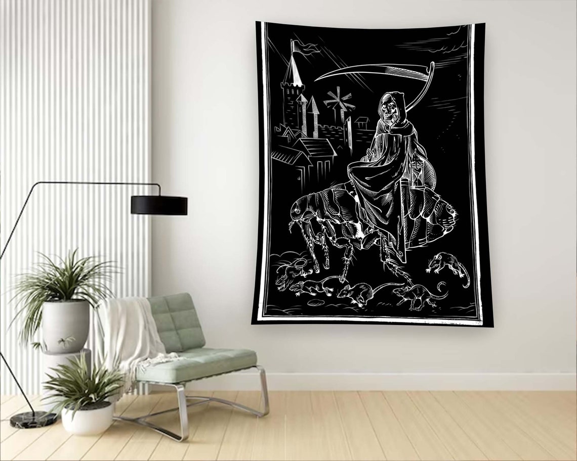 Black White Medieval Death Scythe Woodcut Horror Tapestry Wall Art - Image 3