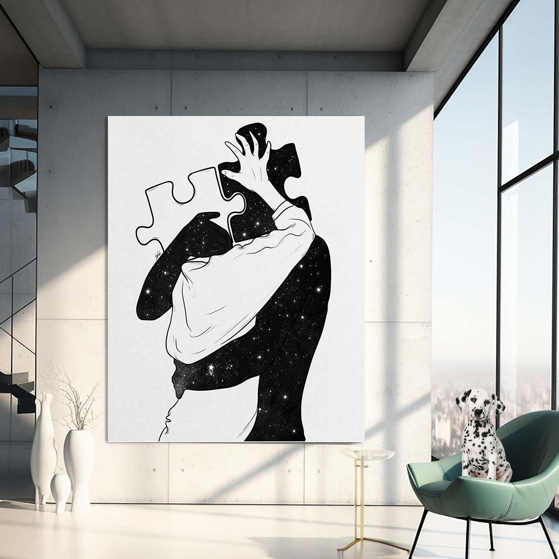 Black And White Puzzle Piece Couple Embrace Starry Night Wall Art
