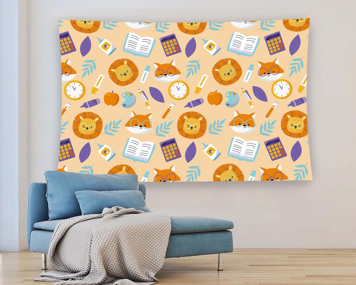Cute Lion Fox School Kids Pattern Nursery Playful Animal Wall Art - Image 2