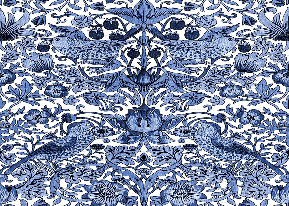 William Morris Strawberry Thief Blue Birds Floral Tapestry Wall Art - Image 3