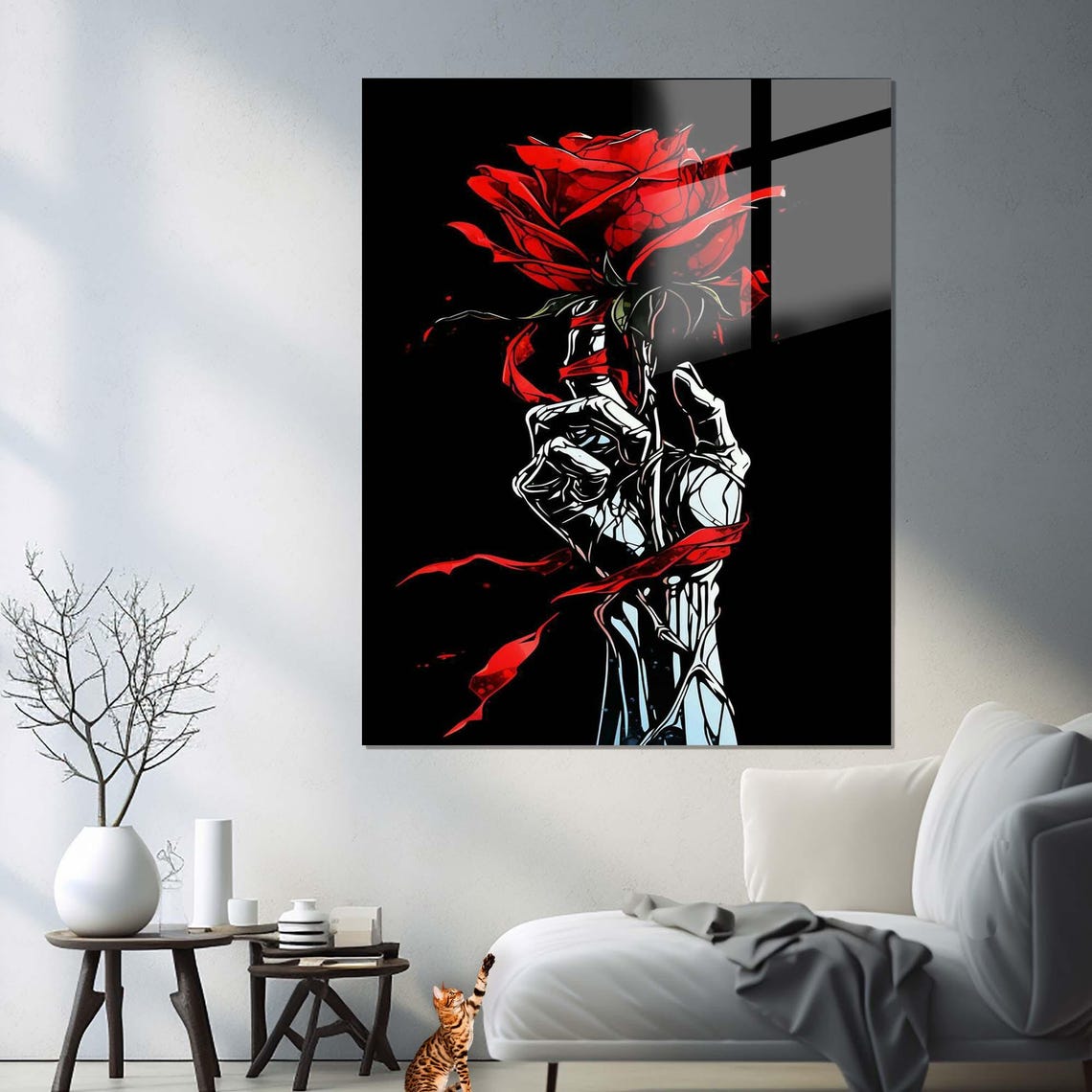 Red Rose Held By Metallic Robotic Hand On Black Gothic Wall Art - Image 2