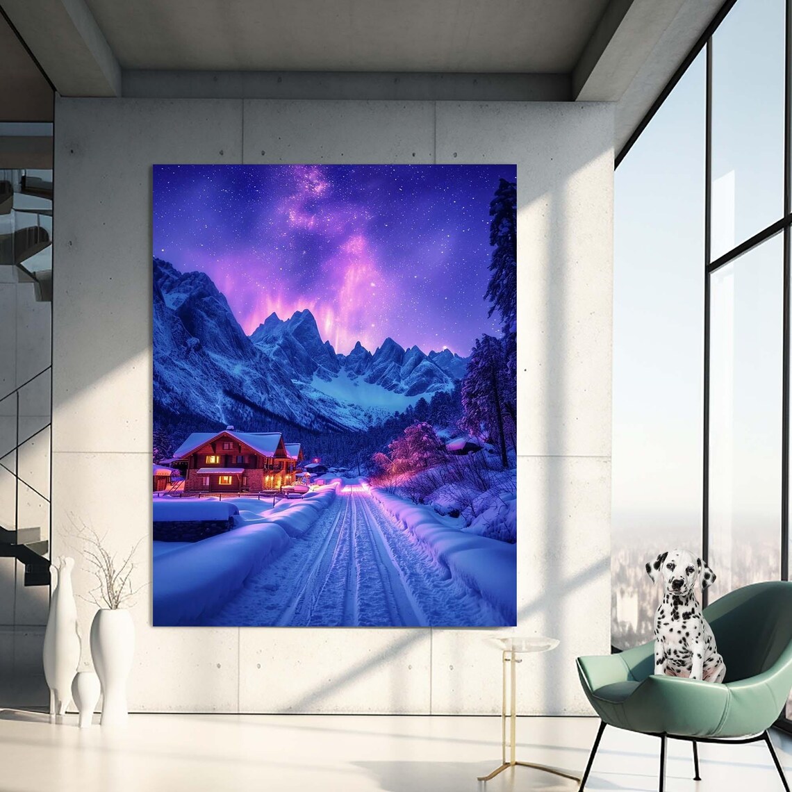 Purple Aurora Over Snowy Alpine Cabin Village Night Travel Poster - Image 2