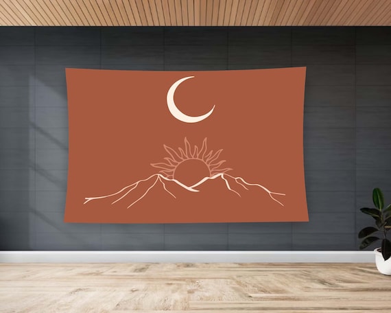 Terracotta Sun Moon Mountains Boho Minimalist Desert Line Art Wall Art