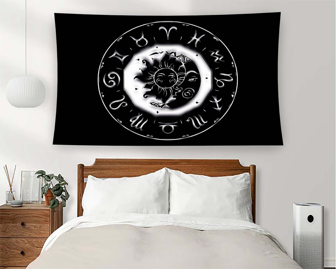 Zodiac Wheel Sun Moon Astrology Celestial Black Mystic Wall Art Decor - Image 2
