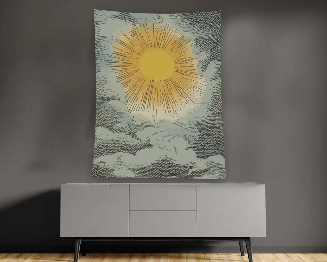 Vintage Engraved Yellow Sun Clouds Antique Sky Tapestry Wall Art