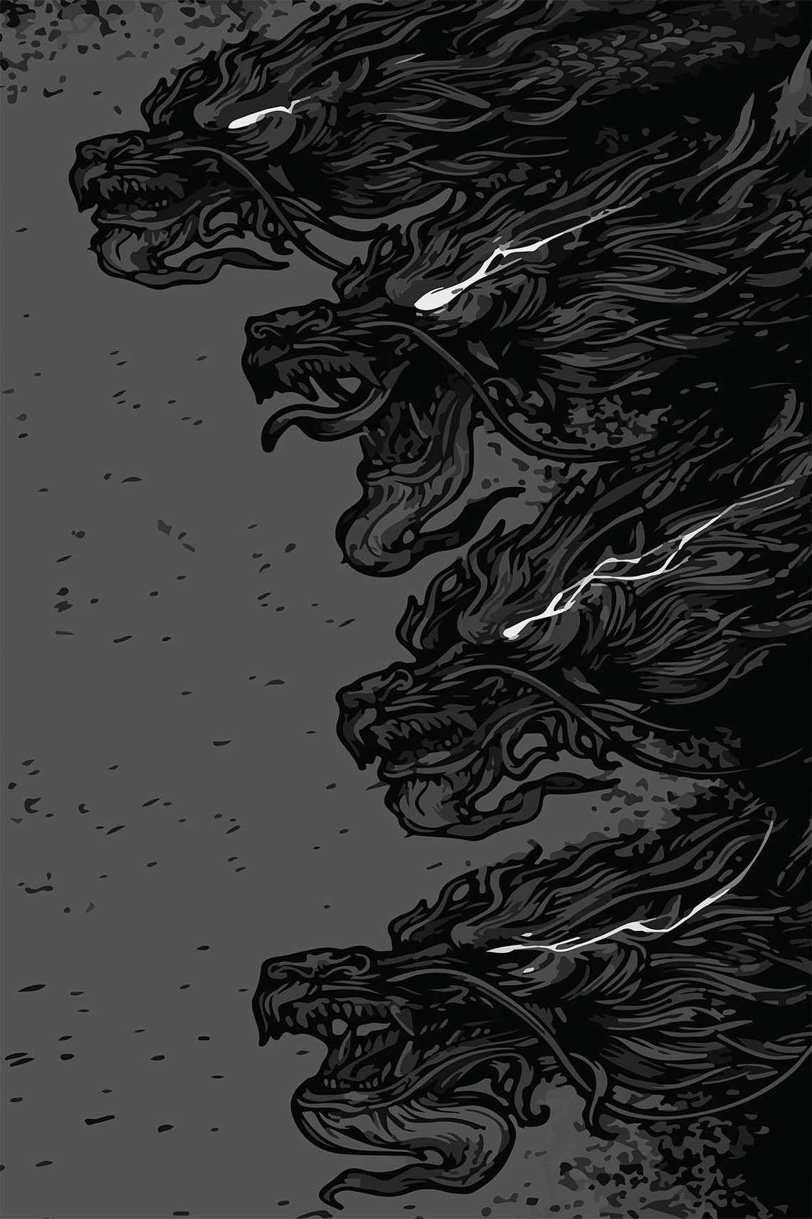 Roaring Dragon Heads Black Ink Dark Fantasy Gothic Tapestry Poster - Image 3