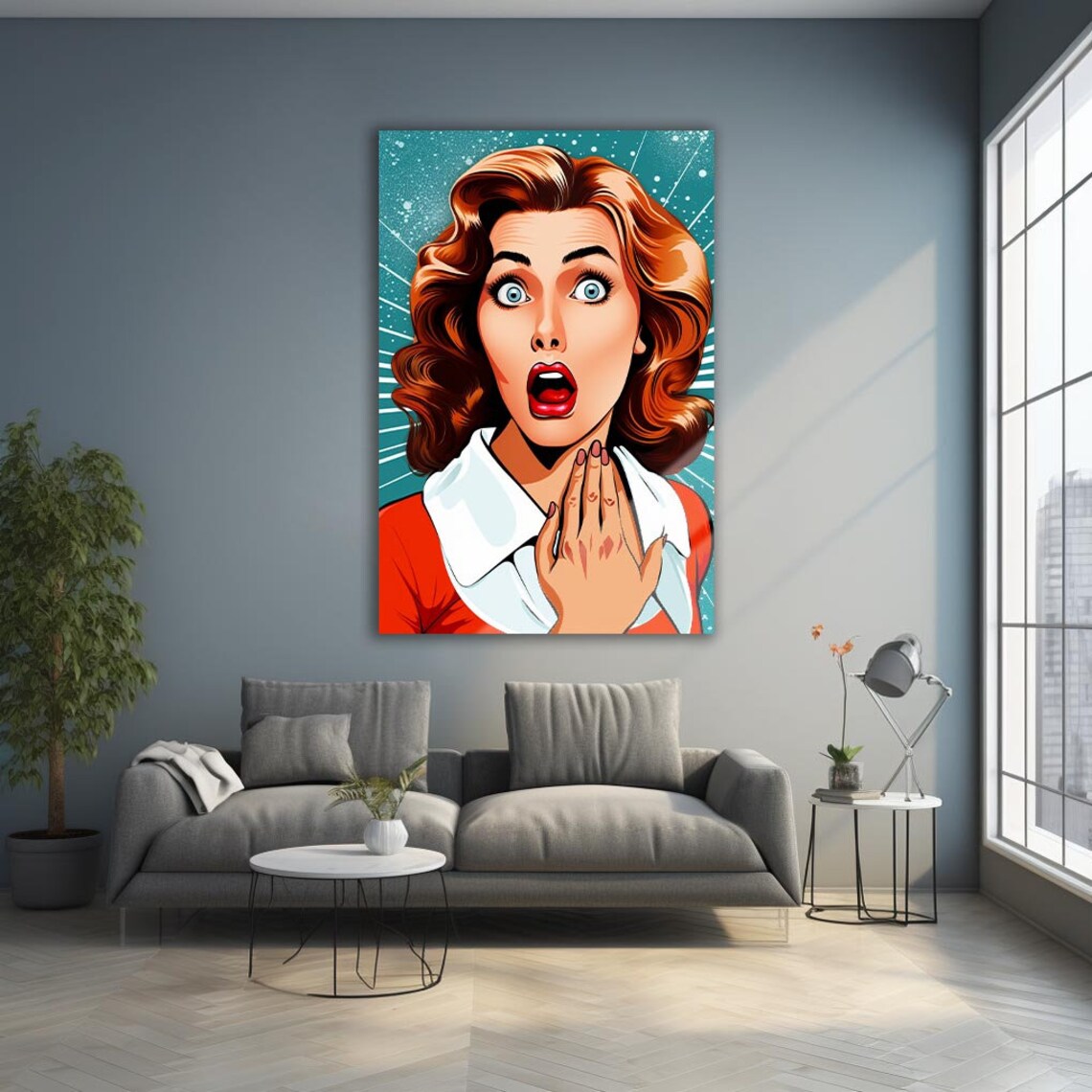 Pop Art Stunned Redhead Woman Teal Starburst Comic Retro Bold Poster - Image 2