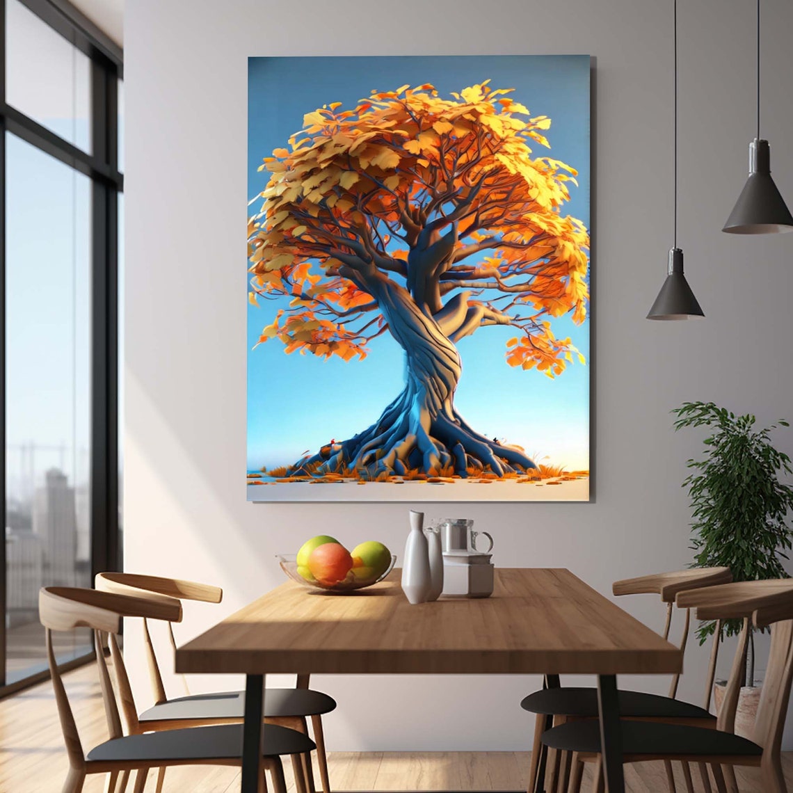 Orange Autumn Tree Blue Sky Twisted Trunk Fall Wall Art Poster - Image 2