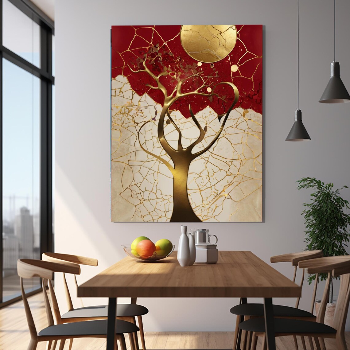 Gold Tree Red Kintsugi Marble Golden Moon Modern Wall Poster - Image 2