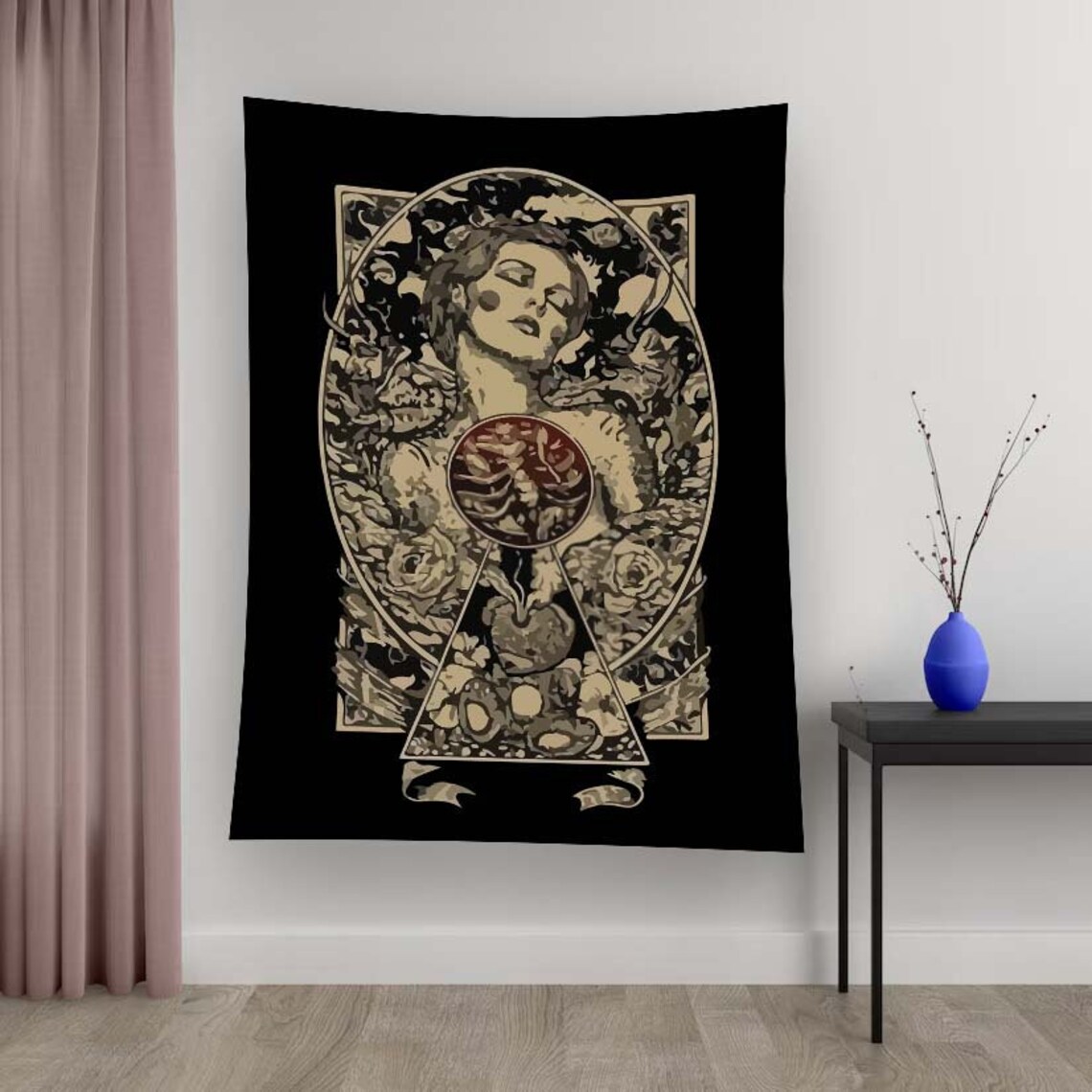 Art Nouveau Woman Roses Vintage Floral Portrait Black Gold Wall Art