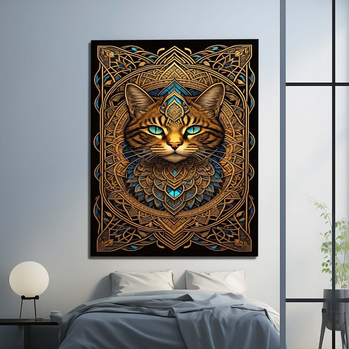 Golden Mandala Cat Face Teal Eyes on Black Background Wall Art - Image 3