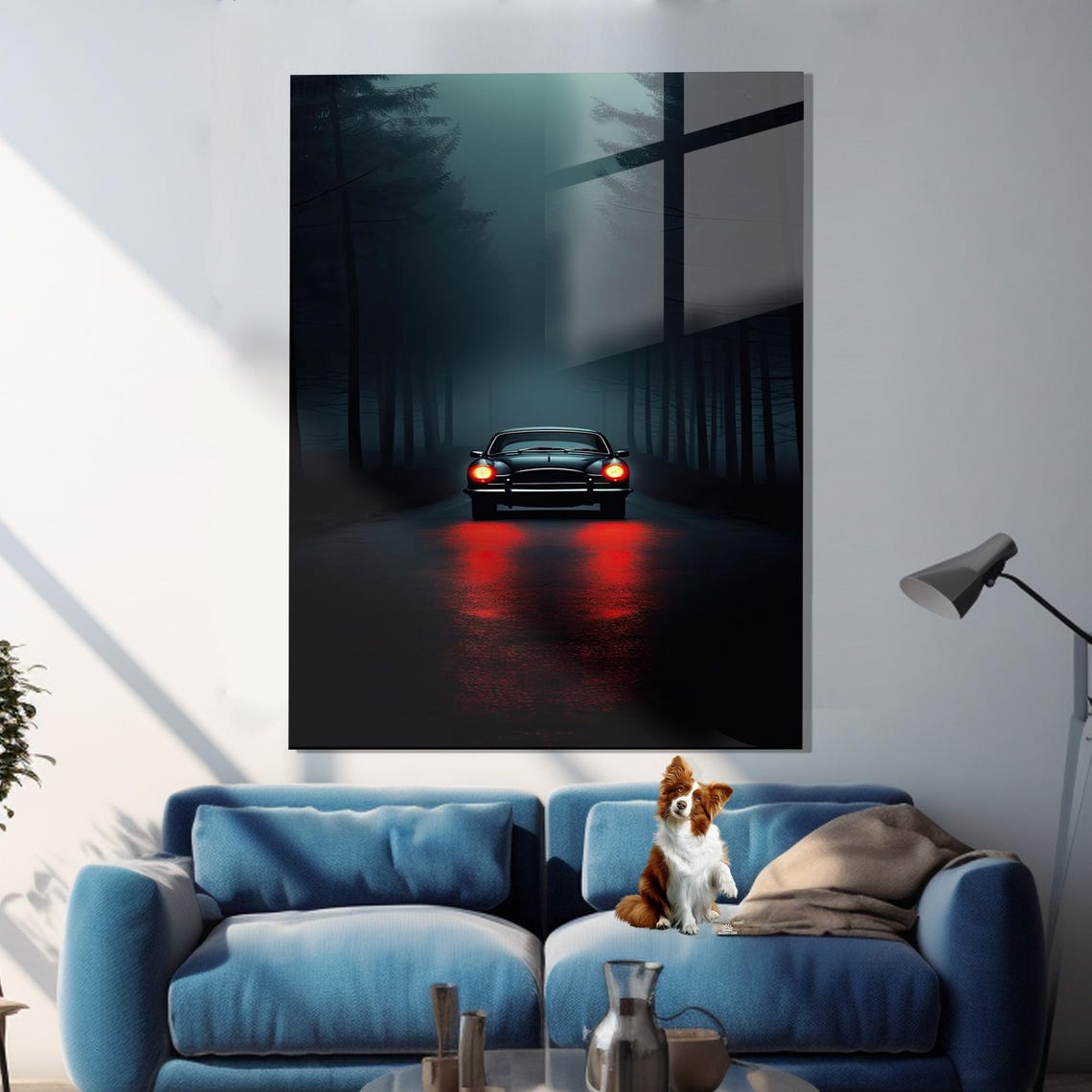 Classic Car Driving Into Foggy Night Red Tail Lights Road Poster