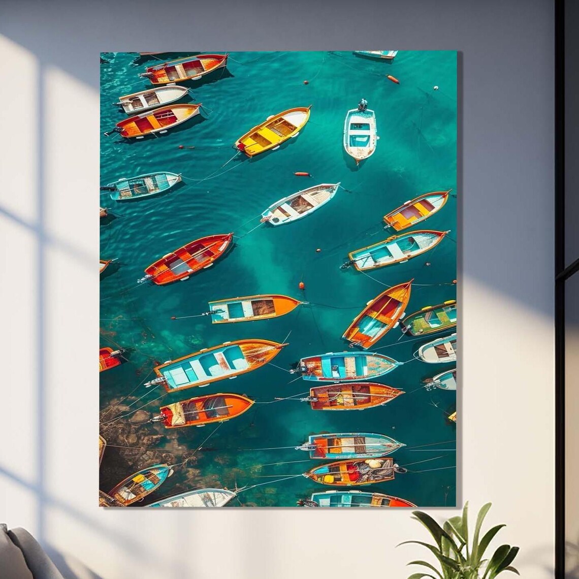 Aerial View Of Colorful Boats Anchored In Turquoise Water Coastal Art