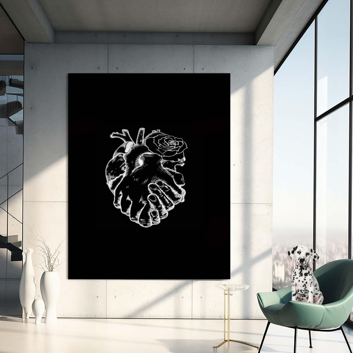 Two Hands Holding Anatomical Heart With Rose Black White Line Wall Art - Image 2