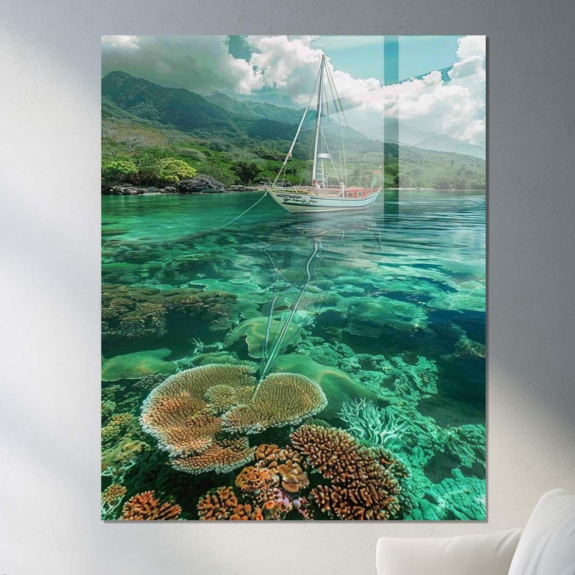 Sailboat Anchored Over Coral Reef In Turquoise Bay Green Mountains Art
