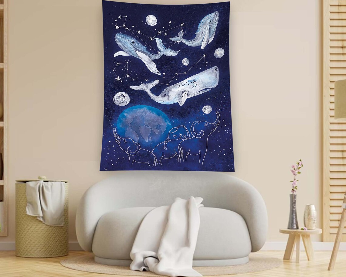 Whales Elephants Starry Night Constellation Blue Fantasy Tapestry Poster - Image 2