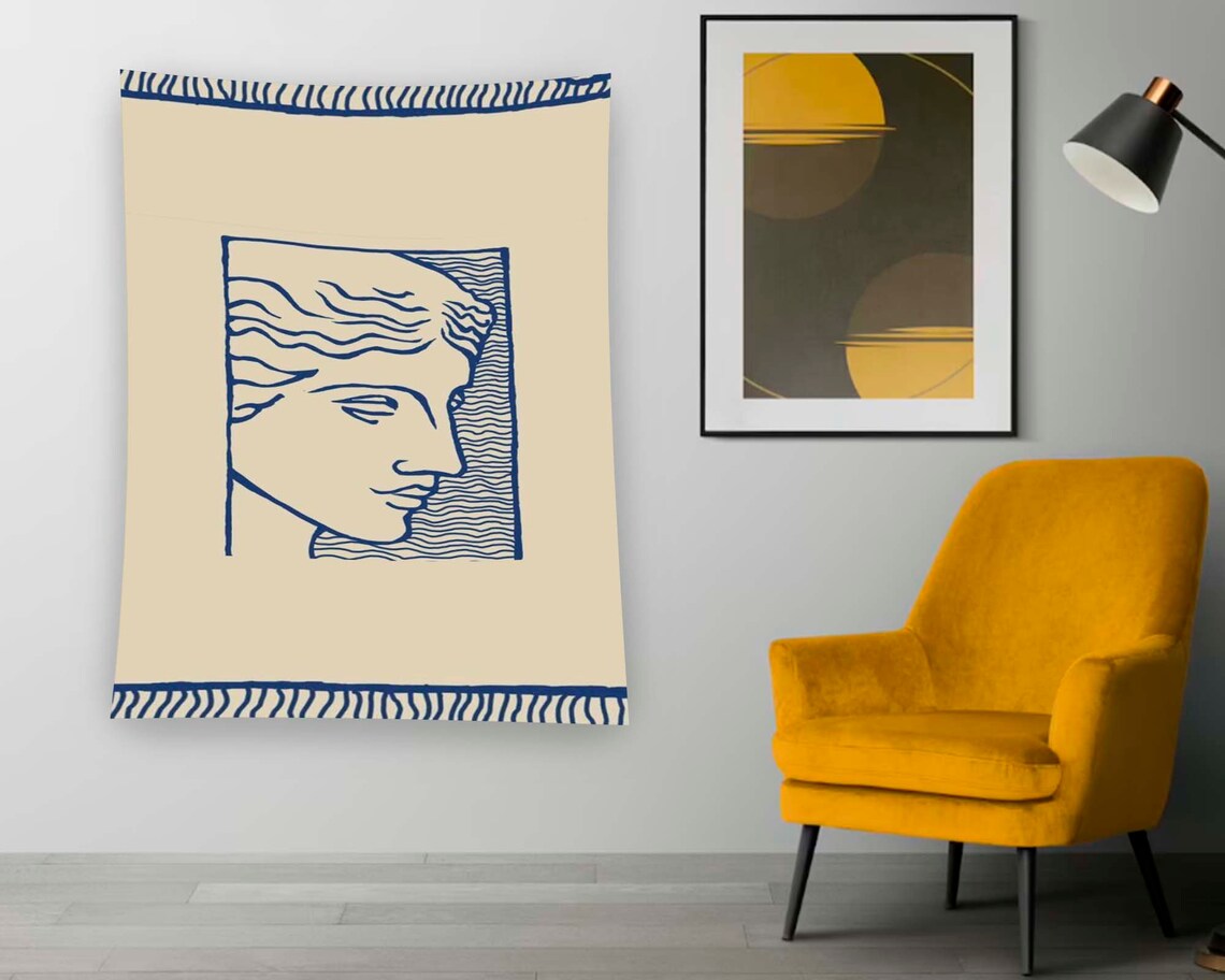 Greek Woman Profile Blue Line Art Classical Sculpture Cream Wall Art - Image 2