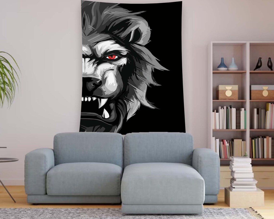 Fierce Lion Red Eye Black White Roaring King Jungle Street Wall Art - Image 2