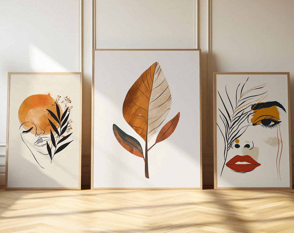 Boho Set of 3 Woman Line Art Botanical Leaf Modern Decor Poster