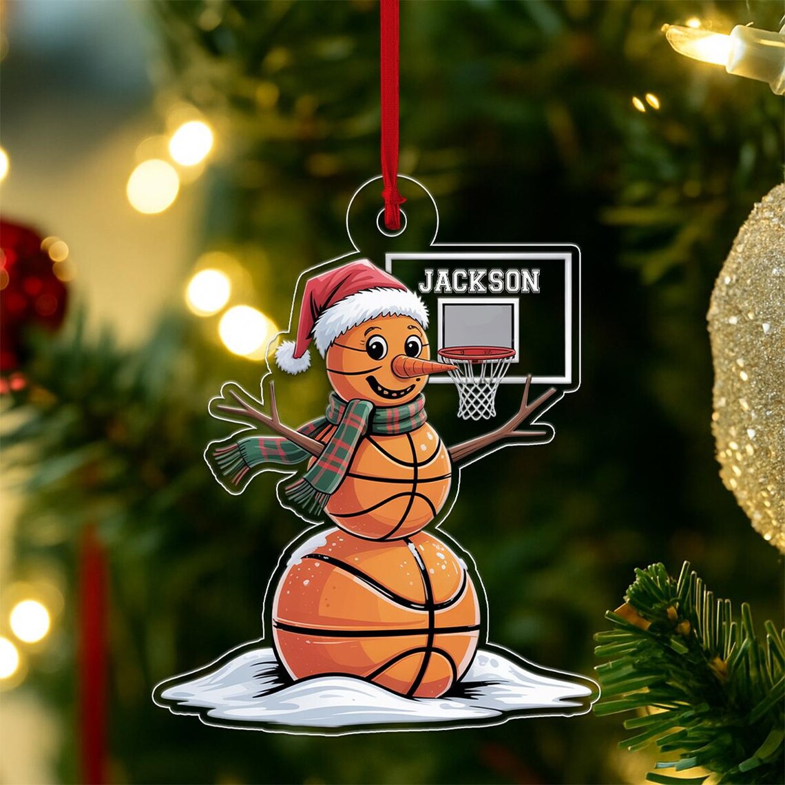 Custom Snowman Basketball Player Santa Hat Name Ornament Poster