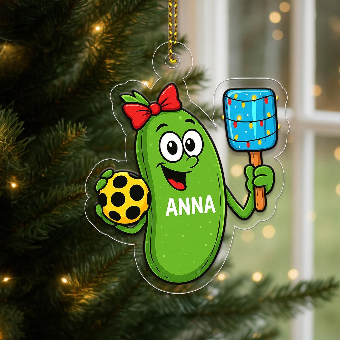 Custom Name Pickleball Girl Christmas Ornament Cartoon Pickle Print