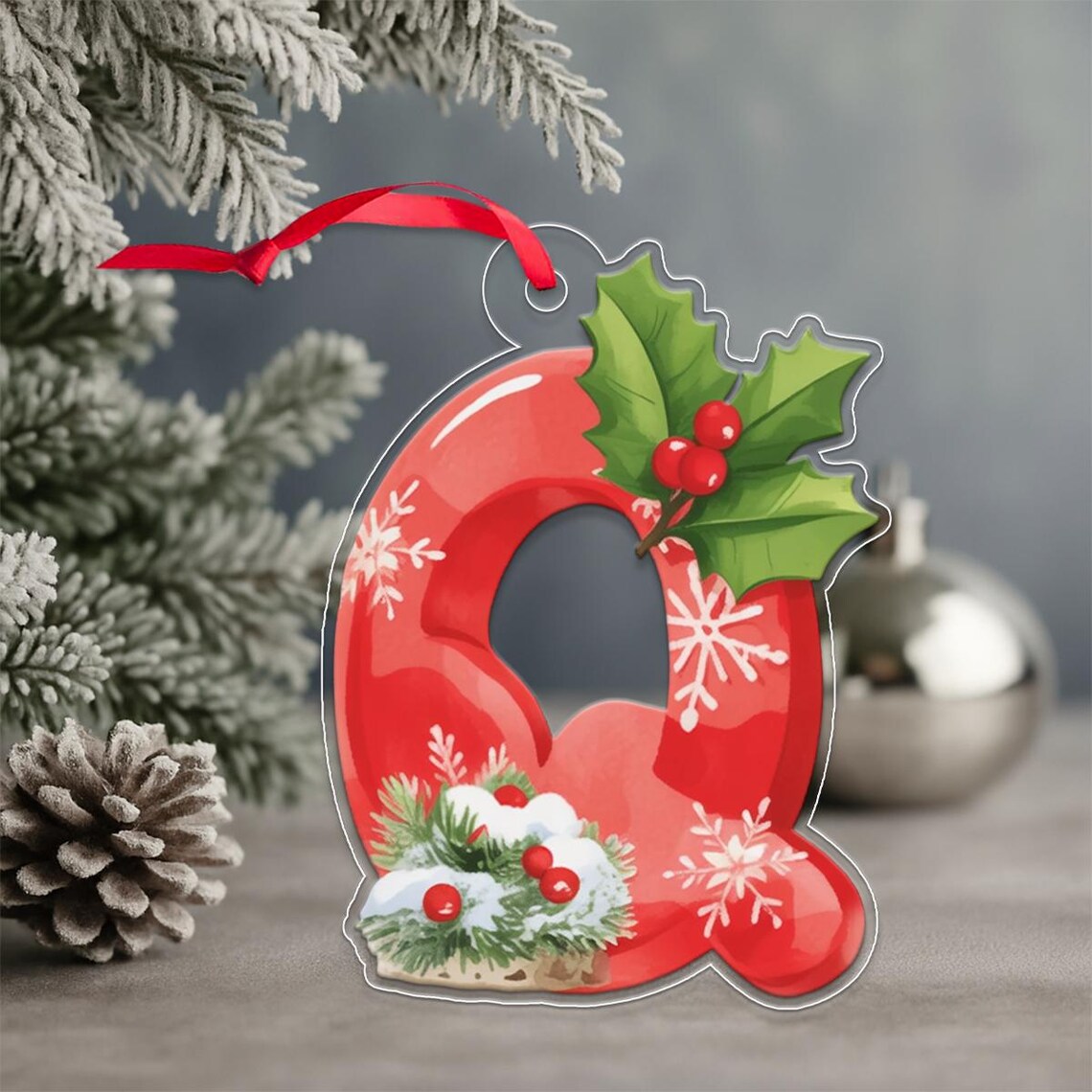 Letter Q Holly Berry Christmas Initial Ornament Snowflake Holiday Print
