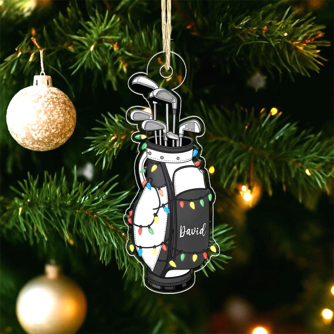 Custom Name Golf Bag Ornament Christmas Lights Golfer Gift Wall Art