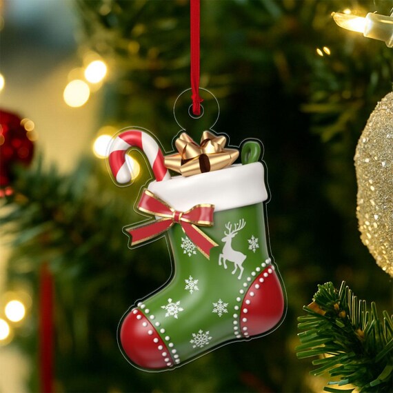 Green Christmas Stocking Ornament Print Reindeer Snowflakes Candy Cane Design