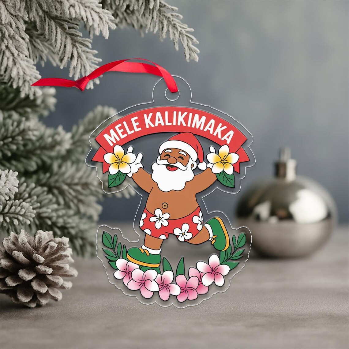 Mele Kalikimaka Dancing Hawaiian Santa Christmas Art Print with Flowers