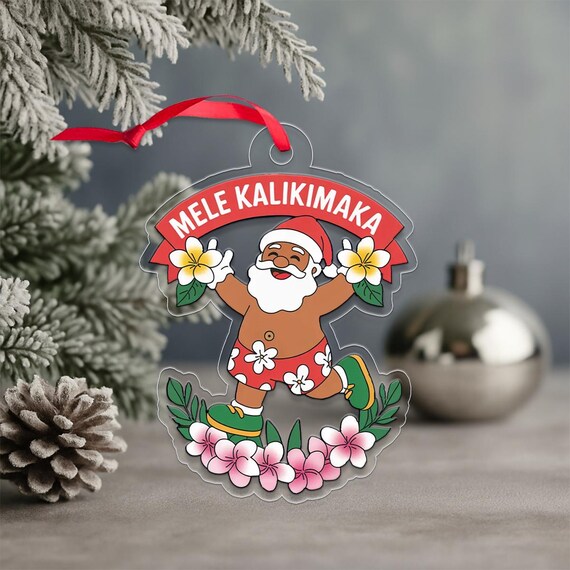 Mele Kalikimaka Dancing Hawaiian Santa Christmas Art Print with Flowers