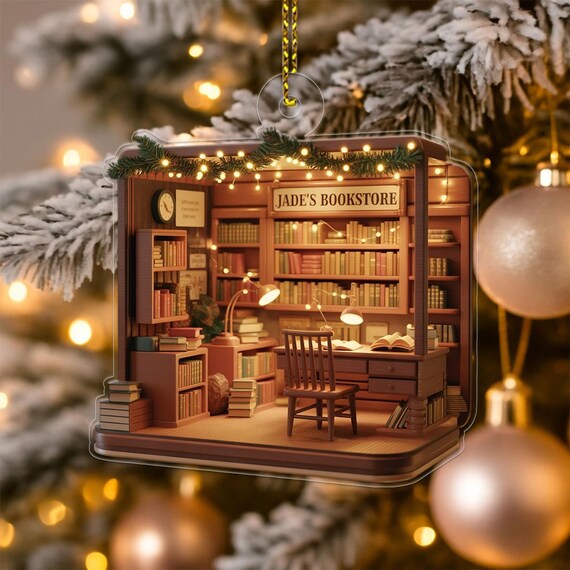 Custom Bookstore Christmas Ornament Print Name Miniature Bookshop Tree Gift