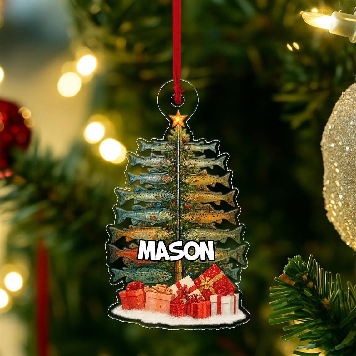 Custom Name Fishing Christmas Tree Ornament Personalized Wall Art