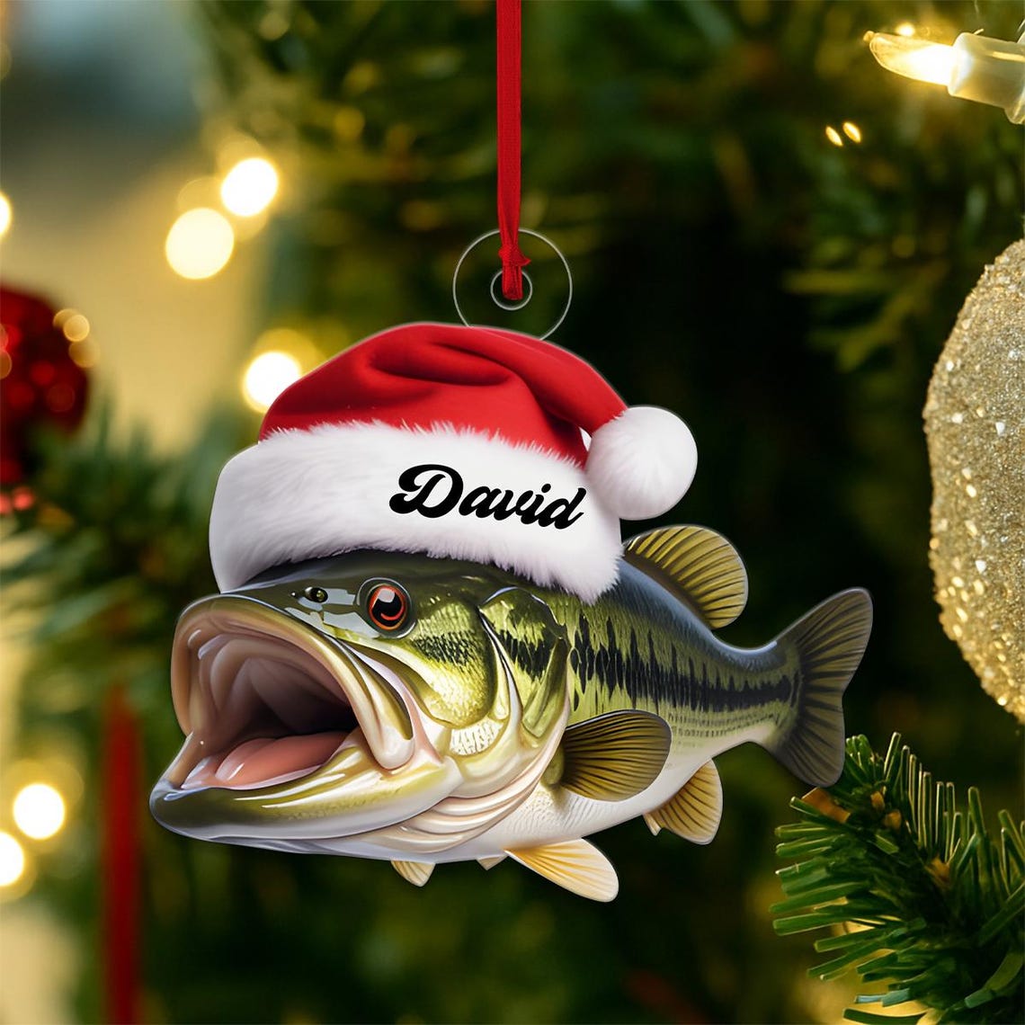 Largemouth Bass Fish Santa Hat Personalized Name Ornament Art Poster