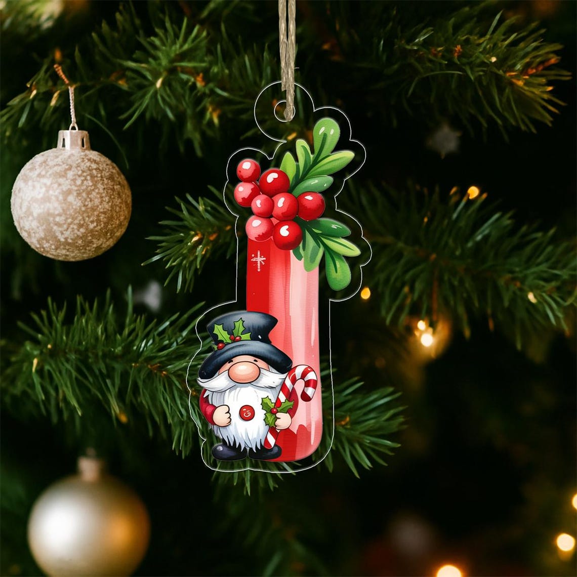 Personalized Letter I Gnome Holly Berries Christmas Ornament Print