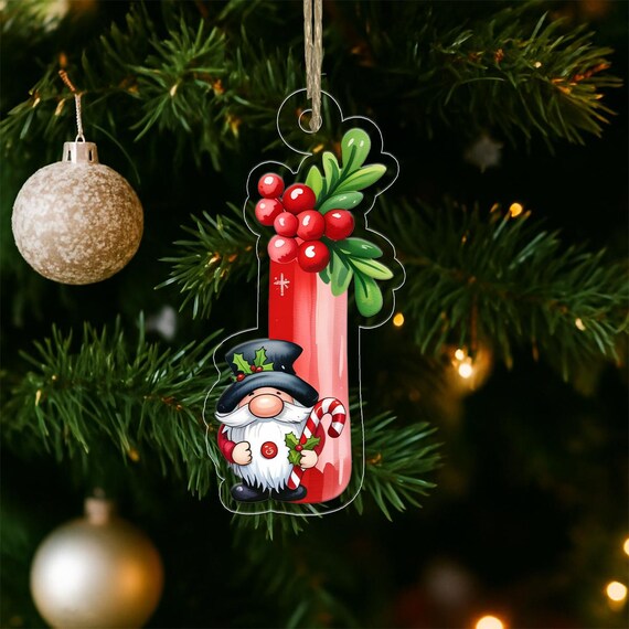 Personalized Letter I Gnome Holly Berries Christmas Ornament Print