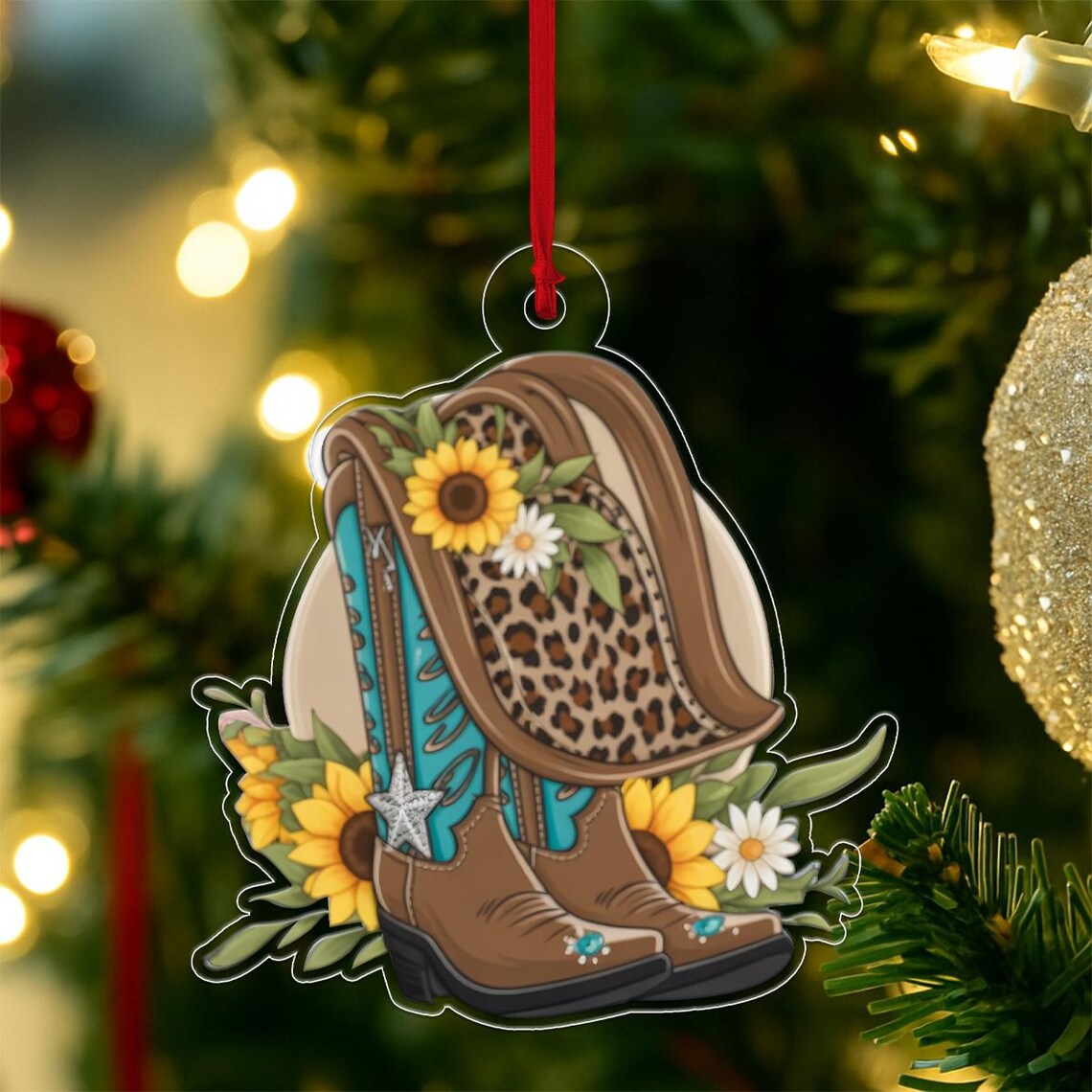 Western Cowboy Boots and Hat Sunflower Acrylic Ornament Gift Poster
