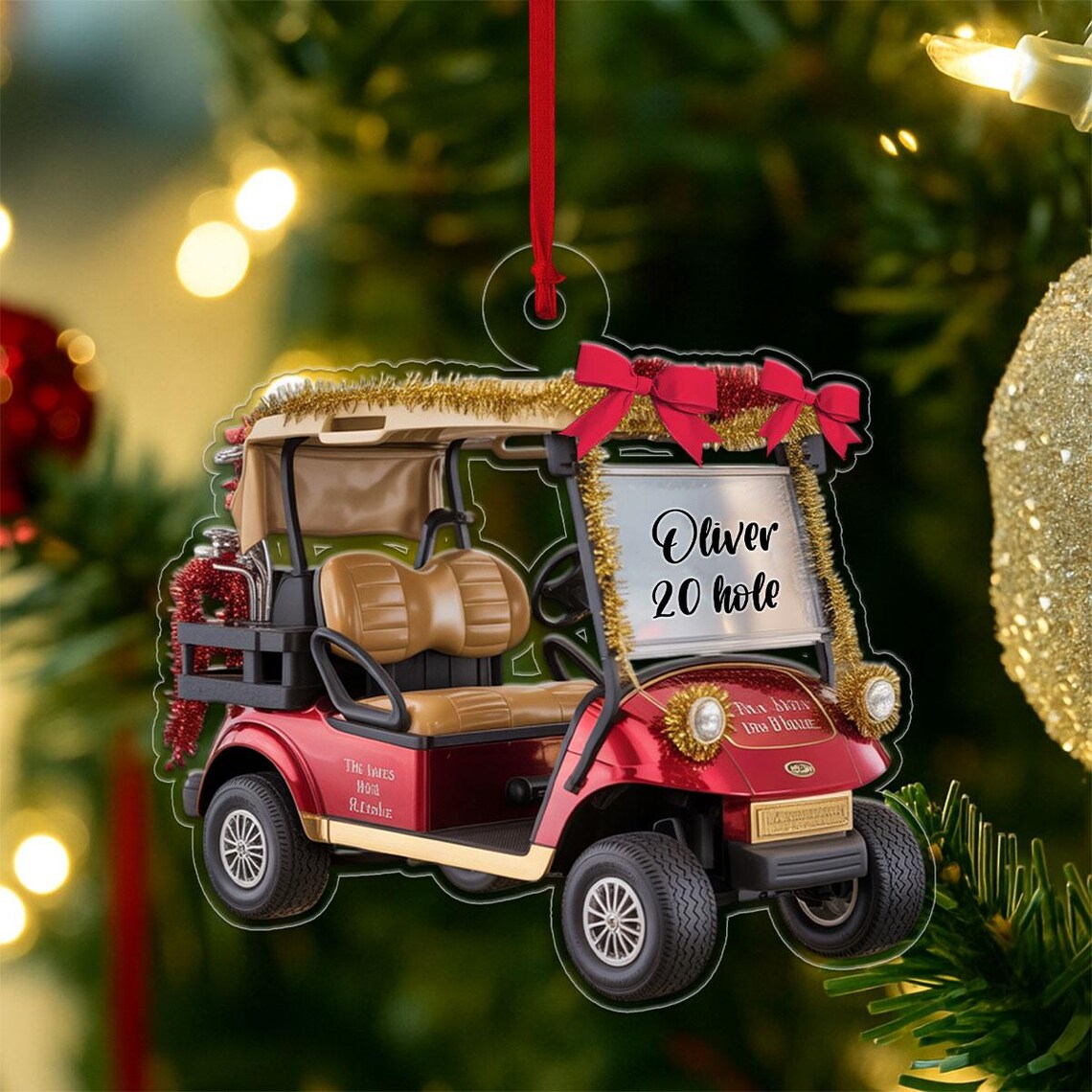 Custom Name Golf Cart 20 Hole Christmas Tinsel Bow Ornament Poster
