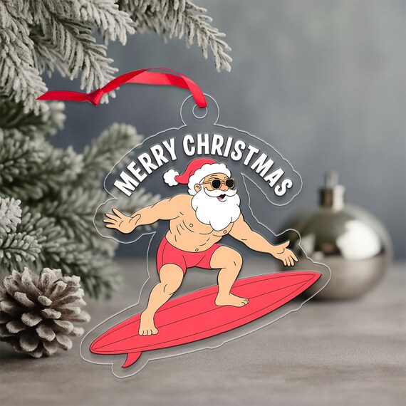 Merry Christmas Surfing Santa Red Surfboard Holiday Ornament Print