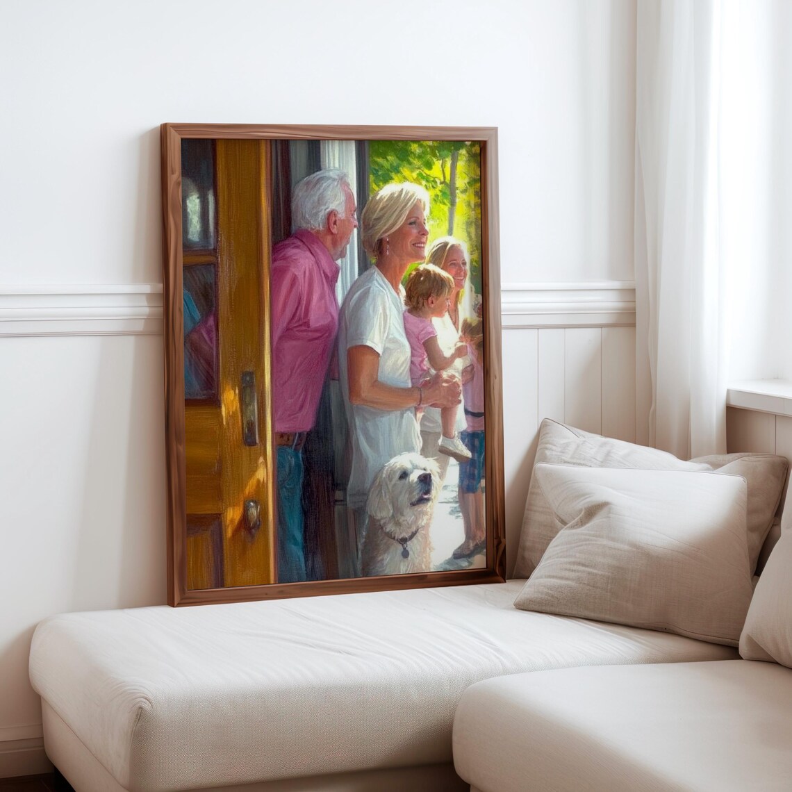 Sunny Family Doorway Greeting White Dog Warm Narrative Art Poster