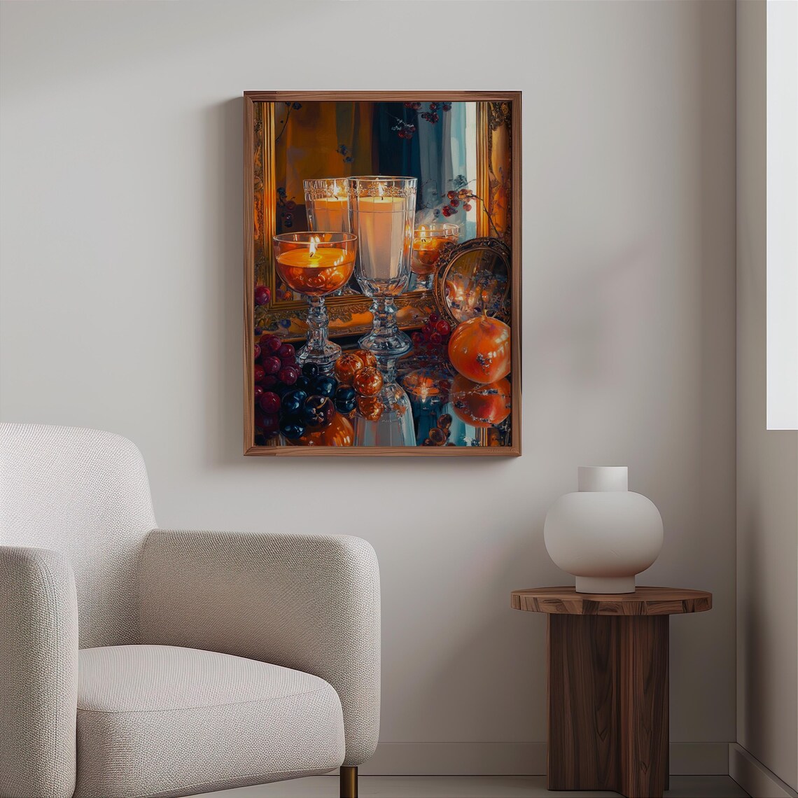Crystal Goblets Candles Oranges Gilt Mirror Still Life Art Print - Image 2