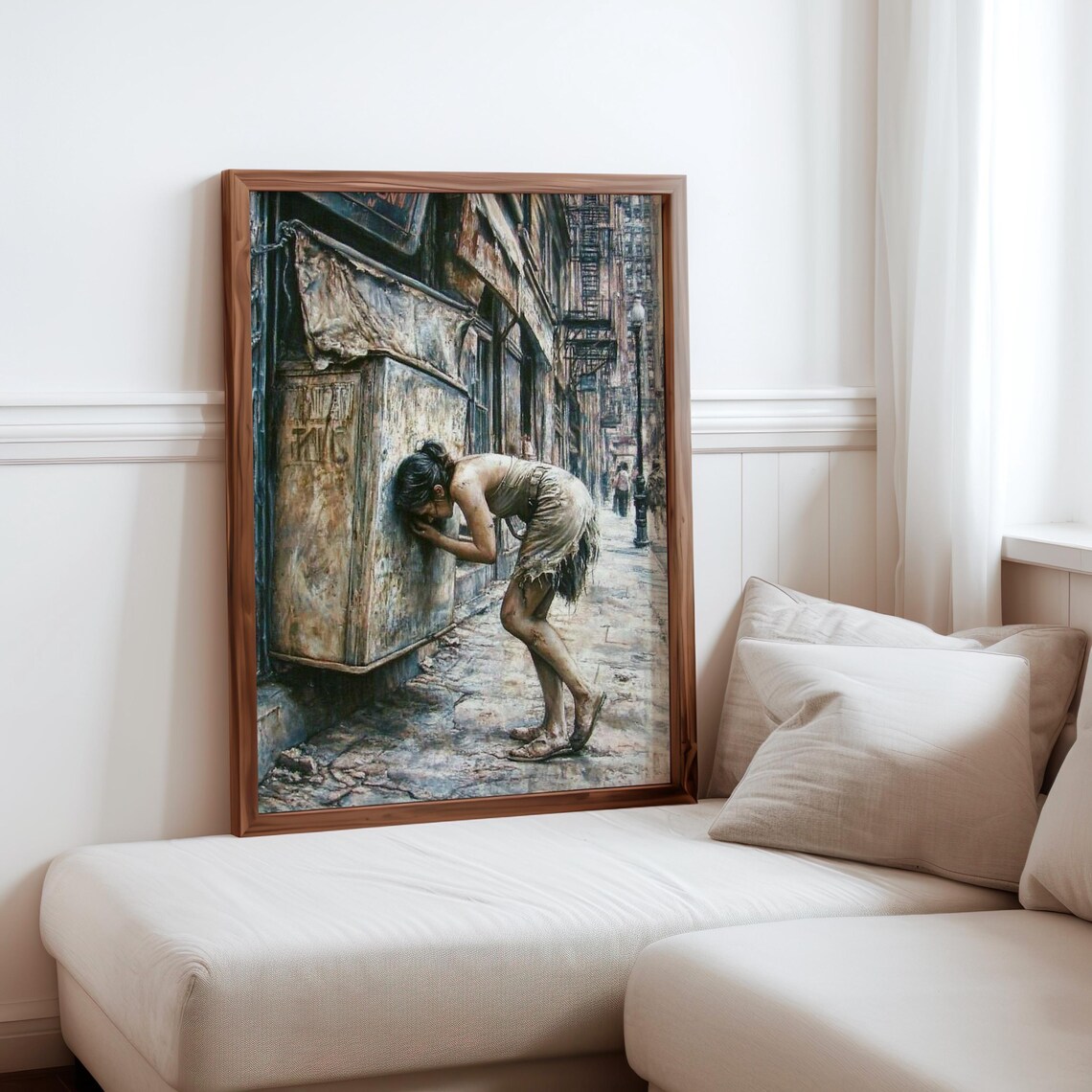 Emaciated Woman Leaning Wall Tattered Clothes Moody Art Poster
