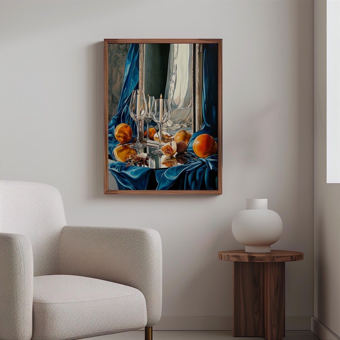 Champagne Flutes Oranges Blue Satin Drapery Still Life Art Print - Image 2