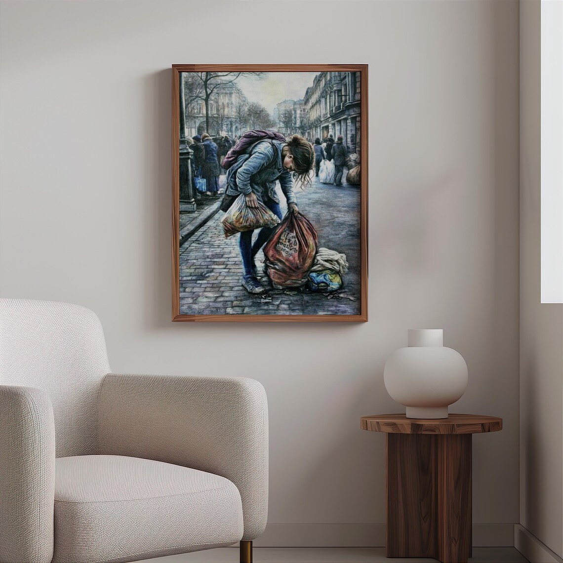Woman Carrying Heavy Bags Cobblestone Street Emotive Art Poster - Image 2