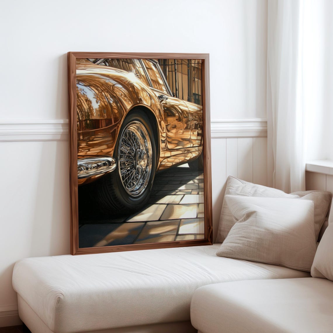 Gold Chrome Car Rear Wheel Cobblestone Street Reflection Poster