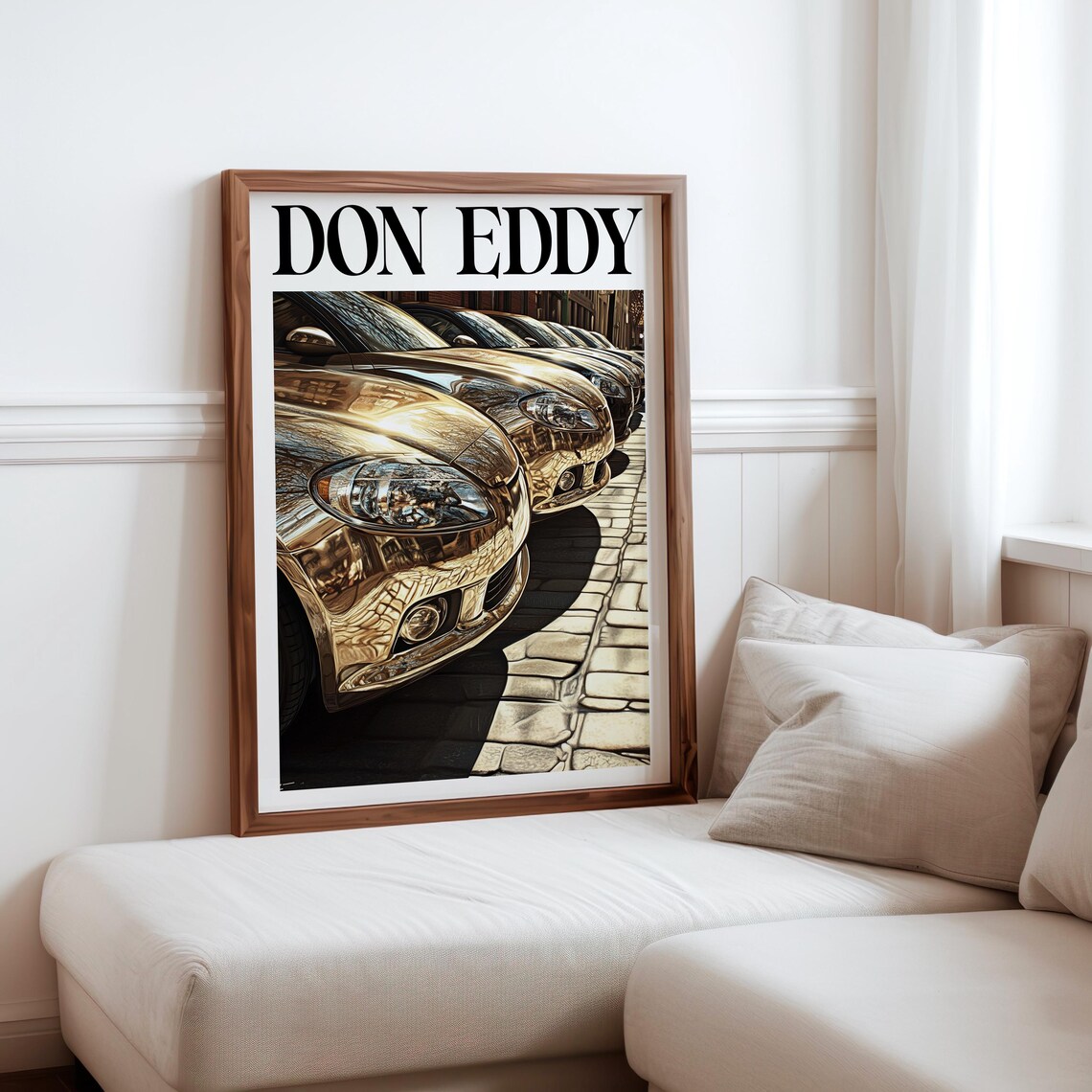 Don Eddy Inspired Row Of Golden Chrome Cars Cobblestone Street Poster